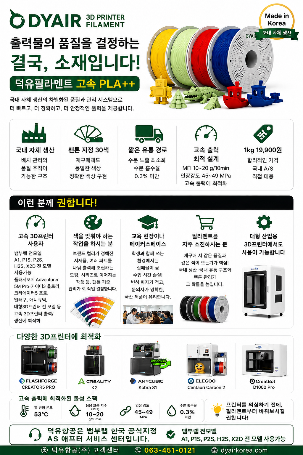 덕유항공 국내생산 DY PLA필라멘트, 3D프린터 고속출력 전용 PLA필라멘트, 최고의 품질관리, 즉시생산 즉시출고, 견적문의, 대량출고
